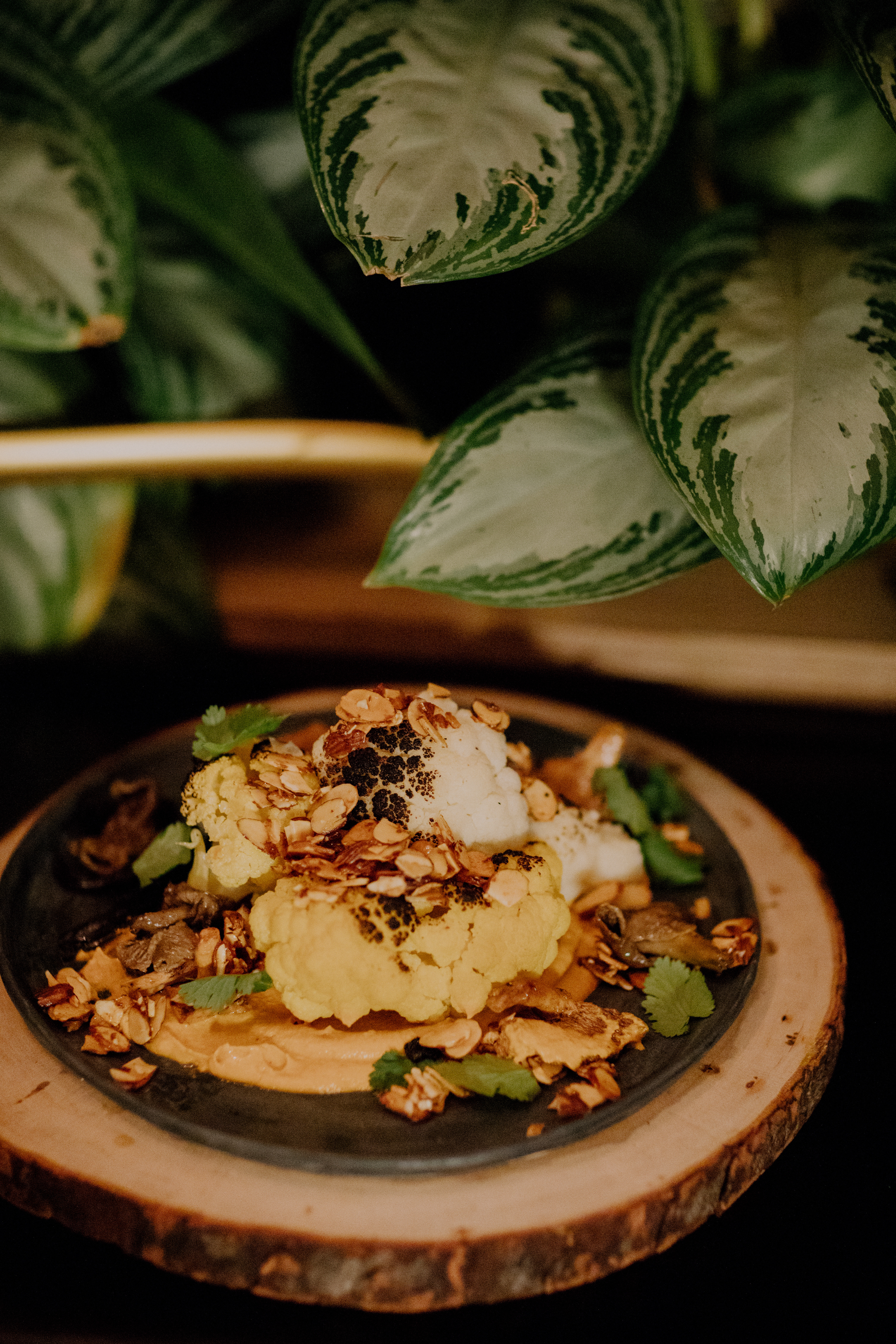 cauliflower & wild mushrooms with salsa macha, smoked honey & almonds